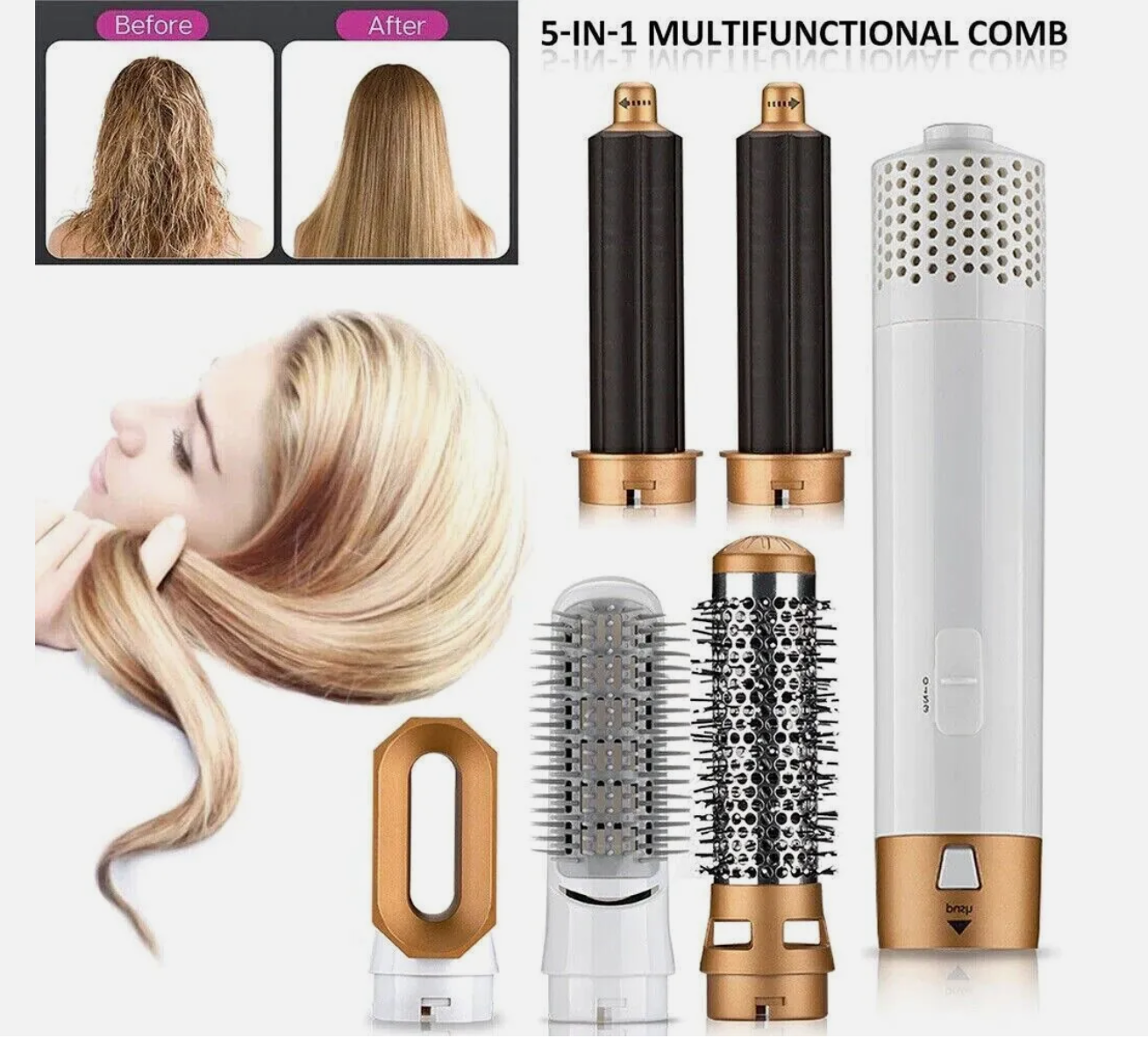 5 in 1 Air Styler 1000W Hair Styling Tool with 5 Interchangeable Barrel Dryer Straightener Curler Beauty Comb Brush