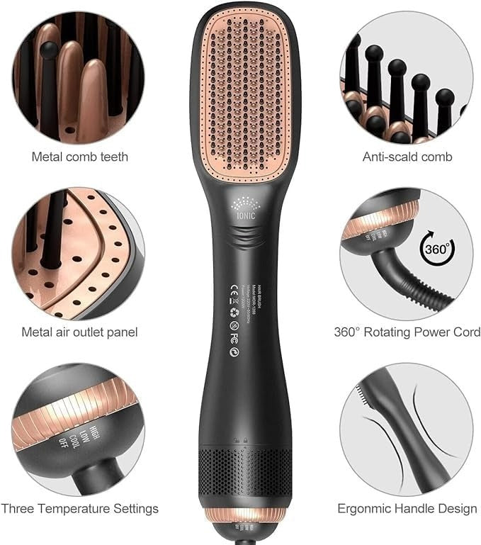2-in-1 Hot Air Brush with Detachable Comb - Multifunctional Hair Dryer & Iron, Wet/Dry Use, Softens Hair, Gentle on Curly Hair, 1000W, 220-240V, European Plug, Blow Drying Hair Brush