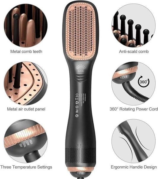 2-in-1 Hot Air Brush with Detachable Comb - Multifunctional Hair Dryer & Iron, Wet/Dry Use, Softens Hair, Gentle on Curly Hair, 1000W, 220-240V, European Plug, Blow Drying Hair Brush